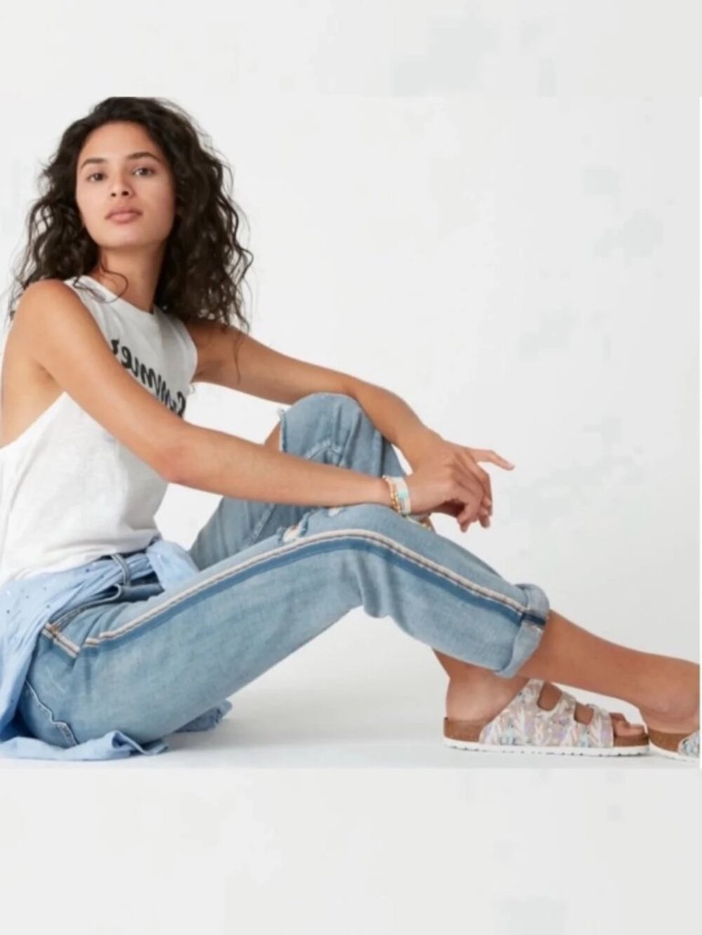PILCRO Anthropologie Side Stripe Distressed Slim Boyfriend Jeans Sz 26